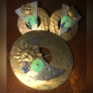 Handcrafted Earrings and Pin Sun , Moon Metal Funk
